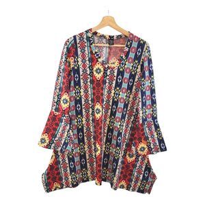 Win Win Womens Sz‎ L Multi Color Knit Flare Bottom Tunic 3/4 Bell Sleeves Fall